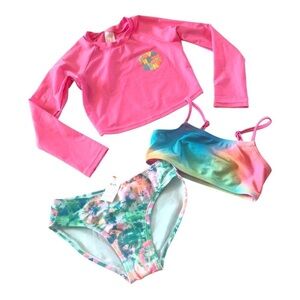 3Pc Bundle Cat & Jack Girls Rashguard Tie Dyed Bralette Bikini Bottom Swimwear